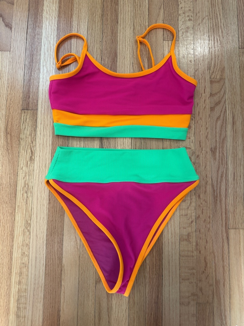 Beach Riot Colorblock Two-Piece One-Piece Style Swim Set - Pink, Orange & Green
